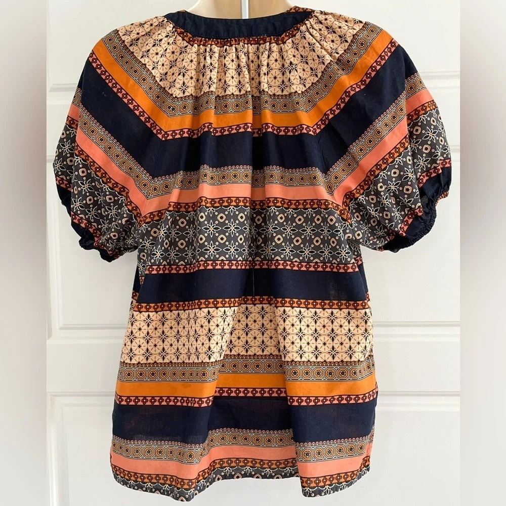 LOFT 'Foulard' Tie Neck Puff Sleeve Top Mixed Bohemian Print Cotton Size MP